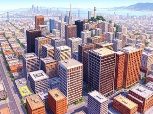Pixel art cityscape of San Francisco in the iconic SimCity 2000 style, isometric view, detailed skyscrapers, residential areas, clearly identifiable Golden Gate Bridge, Coit Tower, Transamerica Pyramid, surrounded by the classic SimCity 2000 UI elements - XAI Grok 2 Image