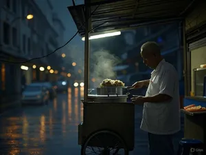 Rain-slicked Singapore street, 3 AM. A lone elderly hawker cleans his cart under one flickering fluorescent light. Steam rises gently. Low-angle shot, photorealistic - XAI Grok 2 Image