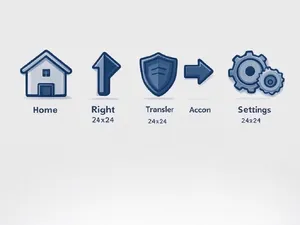 Set of 5 consistent flat design icons for a mobile banking app: 'Home', 'Transfer', 'Account', 'Scan QR', 'Settings'. Monochrome dark blue. - XAI Grok 2 Image