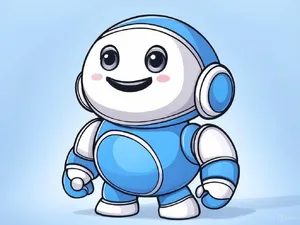 Simple flat vector mascot: friendly smiling robot character 'HelperBot', approachable design, primarily blue and white. - XAI Grok 2 Image