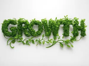 The word 'GROWTH' visualized using stylized plant vines organically forming the letters, green tones, white background, graphic design. - XAI Grok 2 Image
