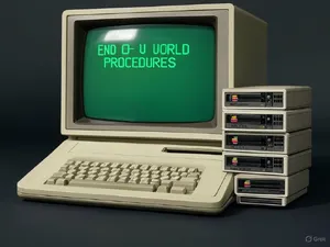 Vintage Apple II computer with green monochrome CRT screen, displaying 'END OF WORLD PROCEDURES' in green text. Two external floppy drives stacked on the right, labeled disk II with rainbow Apple logos. Beige casing, black background, retro aesthetic. - XAI Grok 2 Image