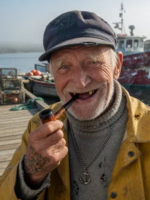 A 4K photo of an old fisherman with a weathered face and a pipe, grinning. - XAI Grok Imagine (Quality)