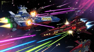 A 90s anime-style space battle scene with giant starships and laser beams. - XAI Grok Imagine (Quality)