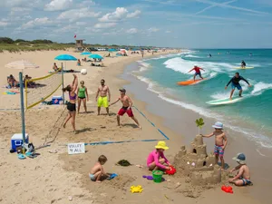 A beach scene: adults playing volleyball, kids building sandcastles, and surfers riding waves. - XAI Grok Imagine (Quality)