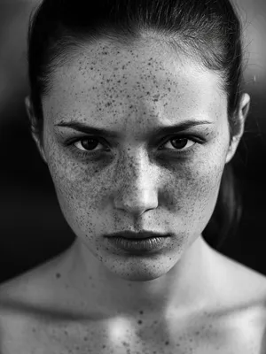A black and white close-up portrait of a freckled woman with an intense gaze. - XAI Grok Imagine (Quality)