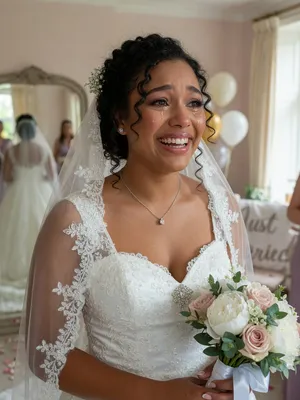 A bride on her wedding day, smiling with tears of joy in her eyes. - XAI Grok Imagine (Quality)