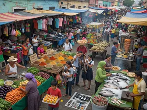 A bustling market scene with dozens of people buying and selling goods. - XAI Grok Imagine (Quality)