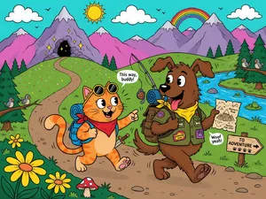 A cartoon of a cat and a dog on an adventure, drawn in a colorful 2D style. - XAI Grok Imagine (Quality)