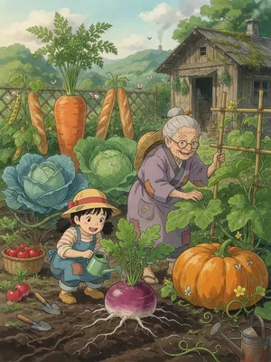 A child and elder tending oversized vegetables in a garden. Reproduce the artistic style of Studio Ghibli, with their distinctive character proportions and detailed plant illustrations. - XAI Grok Imagine (Quality)