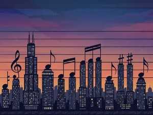 A city skyline that forms the shape of musical notes on a staff, created in a stylized graphic design aesthetic with clean architectural lines and dramatic twilight colors. - XAI Grok Imagine (Quality)