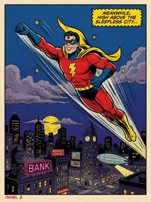 A comic-book style superhero flying over a city at night, with halftone shading. - XAI Grok Imagine (Quality)