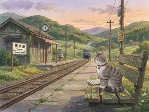 A countryside train station with a cat waiting on a bench. Rendered in Studio Ghibli animation style with Miyazaki's watercolor backgrounds and hand-drawn quality. - XAI Grok Imagine (Quality)
