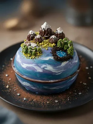 A dessert cake that looks like a tiny planet, complete with miniature trees and mountains, photographed in a professional food photography style with tilt-shift focus effect. - XAI Grok Imagine (Quality)