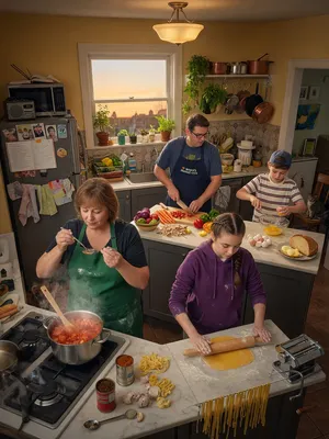 A family cooking together in a kitchen, each person busy with a different task. - XAI Grok Imagine (Quality)