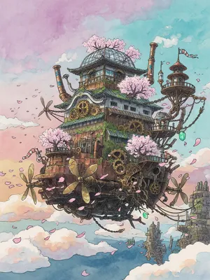 A floating steampunk castle in the sky with intricate mechanical gears and cherry blossom trees, illustrated in Hayao Miyazaki's Castle in the Sky (1986) art style with watercolor textures and detailed line work. - XAI Grok Imagine (Quality)