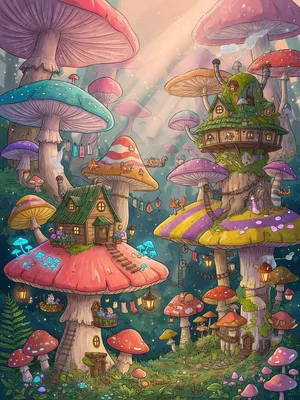 A forest of giant mushrooms with houses built on top of them, rendered in a whimsical Studio Ghibli-inspired art style with vibrant colors and fantastical details. - XAI Grok Imagine (Quality)