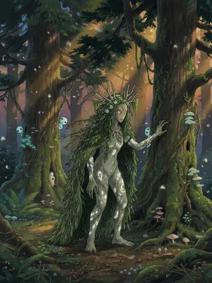 A forest spirit standing among tall trees. Replicate the artistic style of 'Princess Mononoke' by Studio Ghibli, with Miyazaki's detailed environments and mystical creature design. - XAI Grok Imagine (Quality)