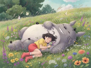 A girl and a giant fluffy creature napping in a wildflower meadow. Reproduce the art style of 'My Neighbor Totoro' by Studio Ghibli, with Miyazaki's soft character designs. - XAI Grok Imagine (Quality)