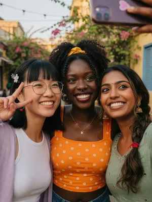 A group selfie of three friends of different ethnic backgrounds smiling at the camera. - XAI Grok Imagine (Quality)