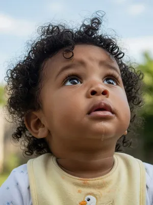 A hyper-realistic photo of a toddler with curly hair and big eyes, looking upward. - XAI Grok Imagine (Quality)