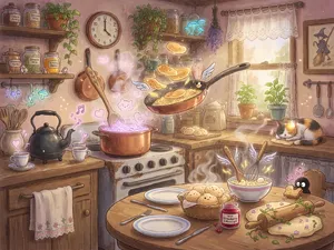 A kitchen with magical cooking implements preparing breakfast. Duplicate the artistic style of Studio Ghibli's domestic scenes, with Miyazaki's detailed settings and warm lighting. - XAI Grok Imagine (Quality)
