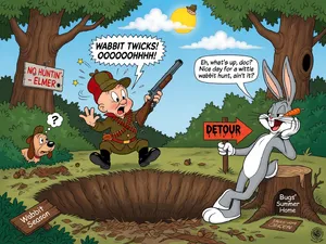 A Looney Tunes-inspired cartoon scene of a clever rabbit tricking a hunter. - XAI Grok Imagine (Quality)