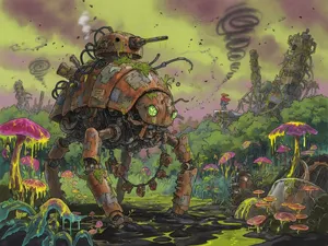 A mechanical creature in a polluted landscape. Capture the visual aesthetic of 'Nausicaä' by Studio Ghibli, with Miyazaki's mechanical designs and environmental contrast. - XAI Grok Imagine (Quality)