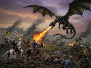 A medieval battlefield with knights on horseback and a dragon flying overhead. - XAI Grok Imagine (Quality)