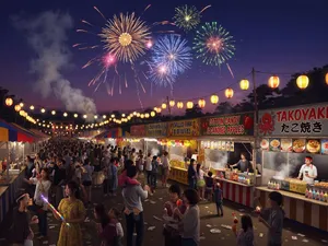 A nighttime festival with fireworks in the sky, food stalls lined up, and crowds mingling. - XAI Grok Imagine (Quality)