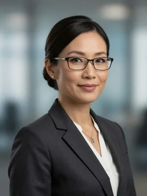A professional headshot of a businesswoman wearing glasses, against a blurred background. - XAI Grok Imagine (Quality)