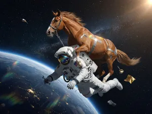 A realistic astronaut being ridden by a horse, photorealistic depiction in outer space with accurate lighting and proportions - XAI Grok Imagine (Quality)
