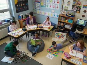 A school classroom of children and a teacher, each student engaged in a different activity. - XAI Grok Imagine (Quality)