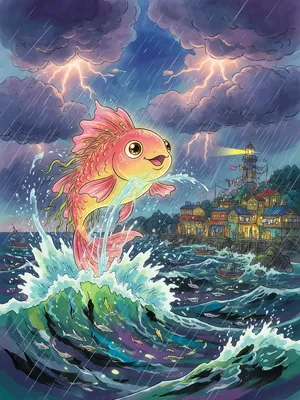 A sea creature rising from a stormy ocean near a village. Replicate the visual style of 'Ponyo' by Studio Ghibli, with Miyazaki's fluid water animations and vibrant creatures. - XAI Grok Imagine (Quality)