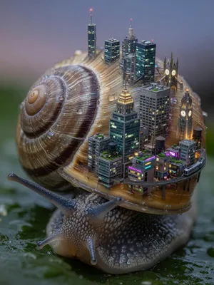 A snail whose shell contains a miniature city skyline, depicted in a hyperrealistic macro photography style with intricate architectural details and ambient lighting. - XAI Grok Imagine (Quality)