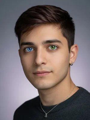 A studio headshot of a young man with one blue eye and one green eye (heterochromia). - XAI Grok Imagine (Quality)