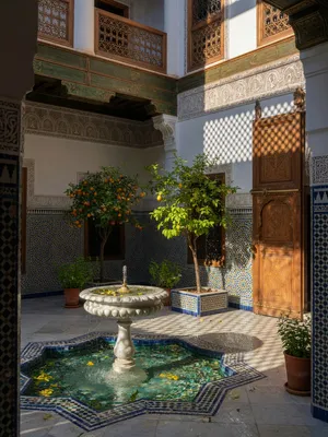 A traditional Moroccan riad courtyard with detailed zellige tilework, flowing fountain, citrus trees, and ornate woodwork. Morning light casting intricate shadow patterns. - XAI Grok Imagine (Quality)