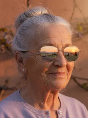 A ultra high-resolution portrait of an elderly woman with silver hair and bifocal glasses, each lens reflecting a distant landscape, captured in warm late-afternoon sunlight - XAI Grok Imagine (Quality)