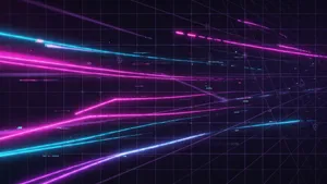 Abstract background graphic, cyberpunk aesthetic, neon pink/blue light trails on dark grid, sense of digital speed, for desktop wallpaper. - XAI Grok Imagine (Quality)