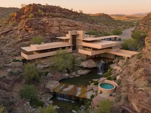 Aerial view of a modernist desert home, in the style of Frank Lloyd Wright's Fallingwater but adapted to desert conditions. Show integration with rocky landscape and water features. - XAI Grok Imagine (Quality)