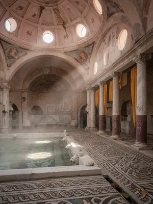 An ancient Roman bathhouse interior with accurate architectural details - marble columns, mosaic floors, arched ceilings, and steam rising from pools. Natural light from oculus openings. - XAI Grok Imagine (Quality)