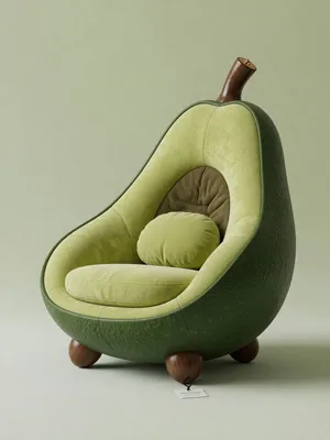 An armchair designed in the shape of an avocado, presented in a contemporary product photography style with professional studio lighting against a minimalist background. - XAI Grok Imagine (Quality)