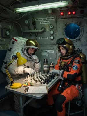 An astronaut and a deep-sea diver playing chess together inside a submarine. - XAI Grok Imagine (Quality)