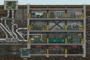 Cross-section rendering of a multi-level underground bunker with different functional areas, structural support systems, ventilation, and power generation facilities visible. - XAI Grok Imagine (Quality)