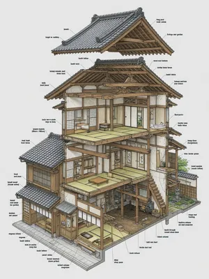 Cutaway architectural drawing of a traditional Japanese machiya townhouse showing all rooms and structural elements. Include accurate proportions, traditional joinery, and typical spatial organization. - XAI Grok Imagine (Quality)