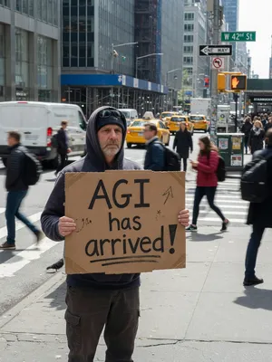 Photorealistic daytime street photograph, clearly showing a man standing still on a busy urban street corner holding a rectangular cardboard sign clearly facing camera, handwritten bold black marker text clearly readable as 