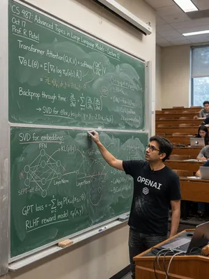 Photorealistic depiction of a man wearing a clearly visible black OpenAI-branded T-shirt. He is standing at the front of a university lecture hall, writing complex mathematics and AI-related equations across a large, dusty chalkboard filled with notation - XAI Grok Imagine (Quality)