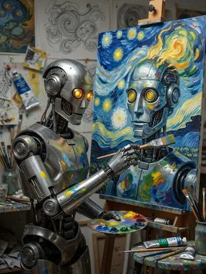Photorealistic image of a robot painting a realistic self-portrait (i.e. the robot) on canvas, mimicking Van Gogh’s art style; clear, realistic metallic textures and painting details visible - XAI Grok Imagine (Quality)