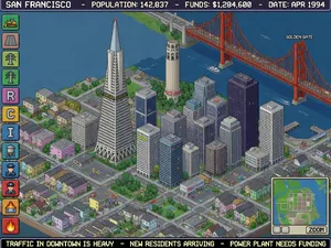 Pixel art cityscape of San Francisco in the iconic SimCity 2000 style, isometric view, detailed skyscrapers, residential areas, clearly identifiable Golden Gate Bridge, Coit Tower, Transamerica Pyramid, surrounded by the classic SimCity 2000 UI elements - XAI Grok Imagine (Quality)