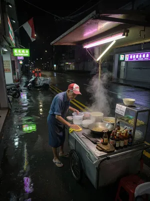 Rain-slicked Singapore street, 3 AM. A lone elderly hawker cleans his cart under one flickering fluorescent light. Steam rises gently. Low-angle shot, photorealistic - XAI Grok Imagine (Quality)